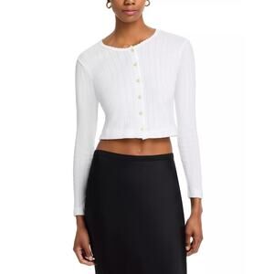 LESET Women White Texture Pointelle Cotton Crop Long Sleeve Cardigan Top Size XS